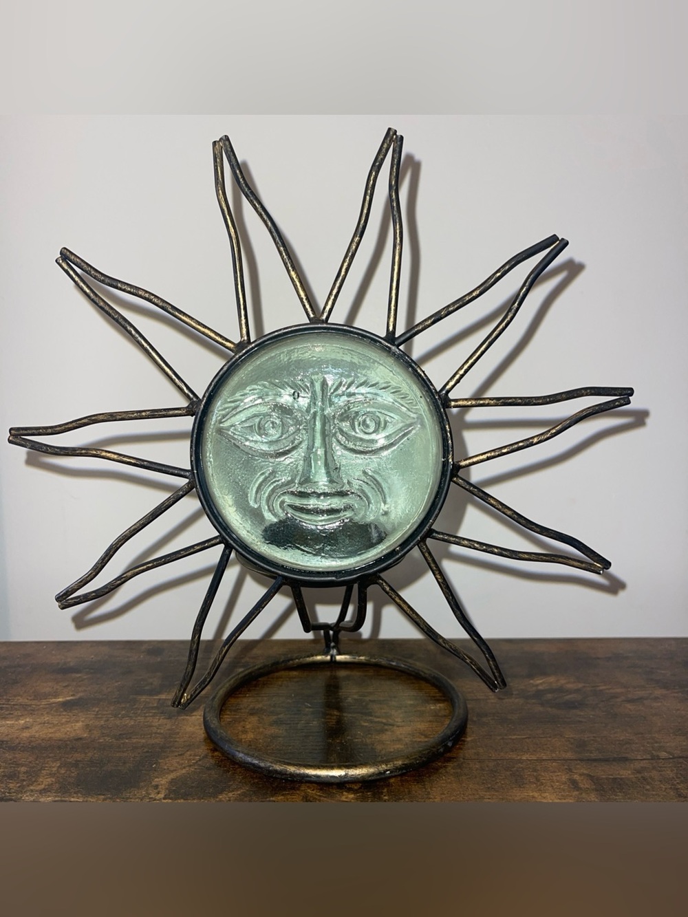 VTG Celestial Sun Face Pale Green Glass Candle Holder Wrought Iron Boho Decor